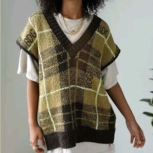 BDG Greyden Jacquard Plaid V-Neck Sweater Vest